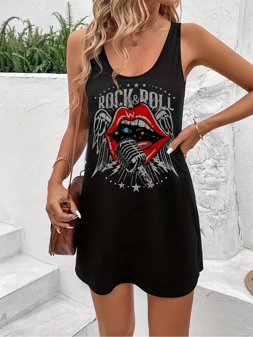 Rock & Roll Graphic Tank Dress - Black